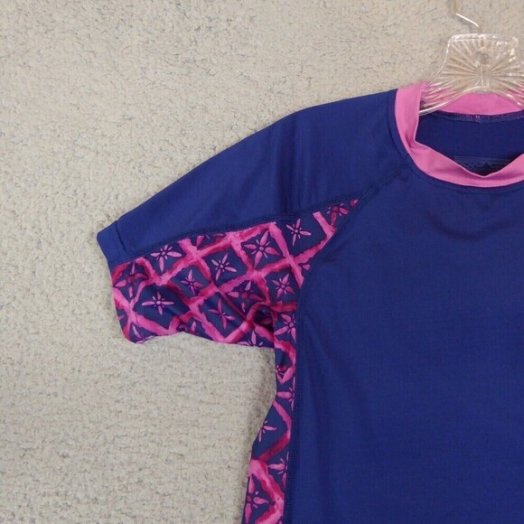 Patagonia Rash Guard Shirt Girl's Large Blue Pink Short Sleeve Mock Neck Swim - Picture 4 of 10